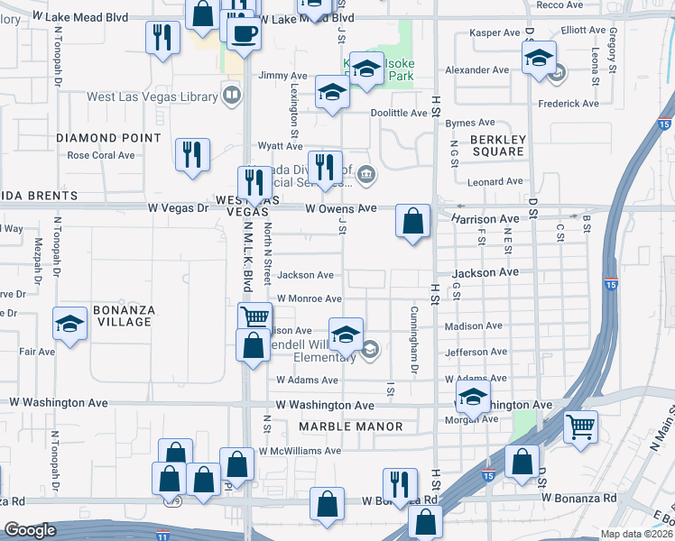map of restaurants, bars, coffee shops, grocery stores, and more near 1401 J Street in Las Vegas