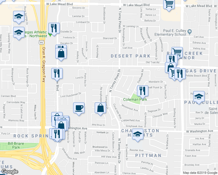 map of restaurants, bars, coffee shops, grocery stores, and more near 1373 Torington Drive in Las Vegas
