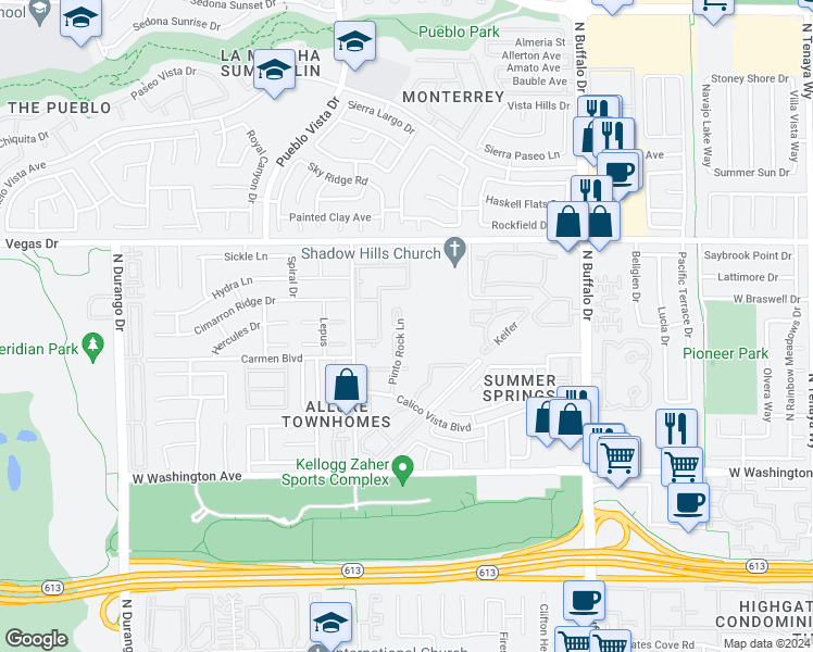 map of restaurants, bars, coffee shops, grocery stores, and more near 1320 Pinto Rock Lane in Las Vegas