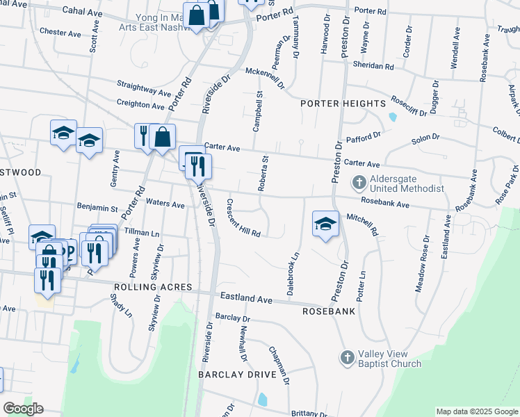 map of restaurants, bars, coffee shops, grocery stores, and more near 323 Pioneer Lane in Nashville