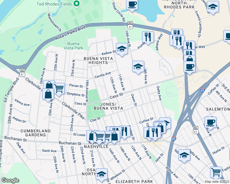 map of restaurants, bars, coffee shops, grocery stores, and more near 2104 12th Avenue North in Nashville