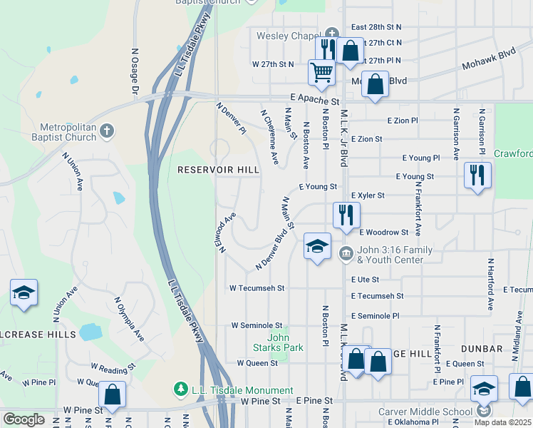 map of restaurants, bars, coffee shops, grocery stores, and more near 2221 North Denver Place in Tulsa