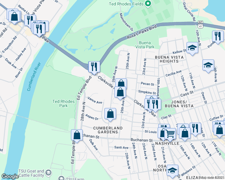 map of restaurants, bars, coffee shops, grocery stores, and more near 2125 26th Avenue North in Nashville