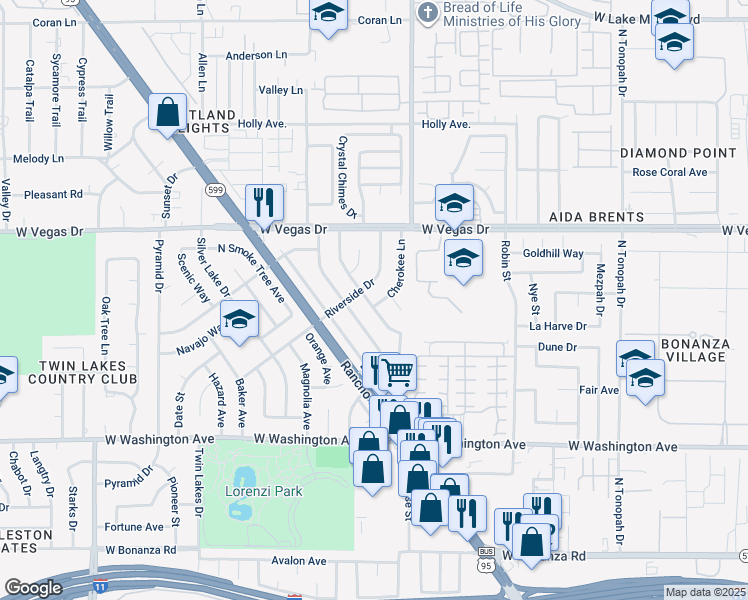 map of restaurants, bars, coffee shops, grocery stores, and more near 1201 Cherokee Ln in Las Vegas