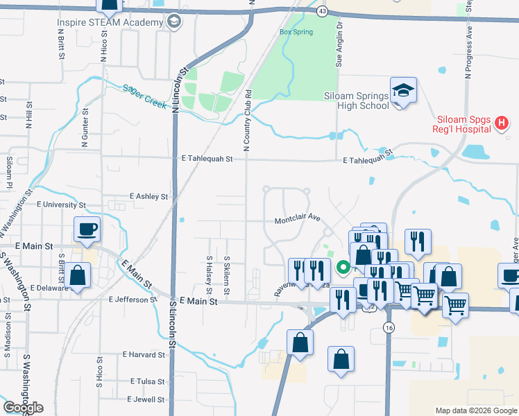 map of restaurants, bars, coffee shops, grocery stores, and more near 270 Maple Leaf Ave in Siloam Springs