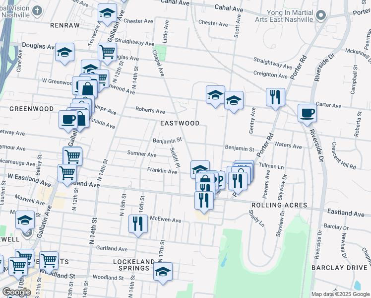 map of restaurants, bars, coffee shops, grocery stores, and more near 227 Chapel Avenue in Nashville