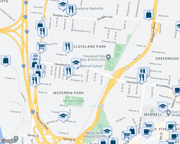 map of restaurants, bars, coffee shops, grocery stores, and more near 825 Lischey Avenue in Nashville
