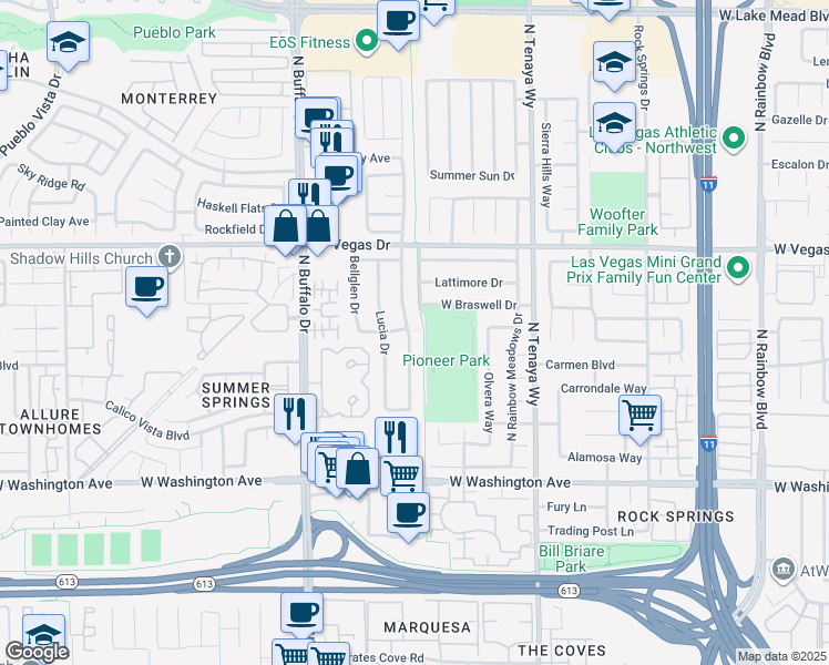 map of restaurants, bars, coffee shops, grocery stores, and more near 1336 Pacific Terrace Drive in Las Vegas