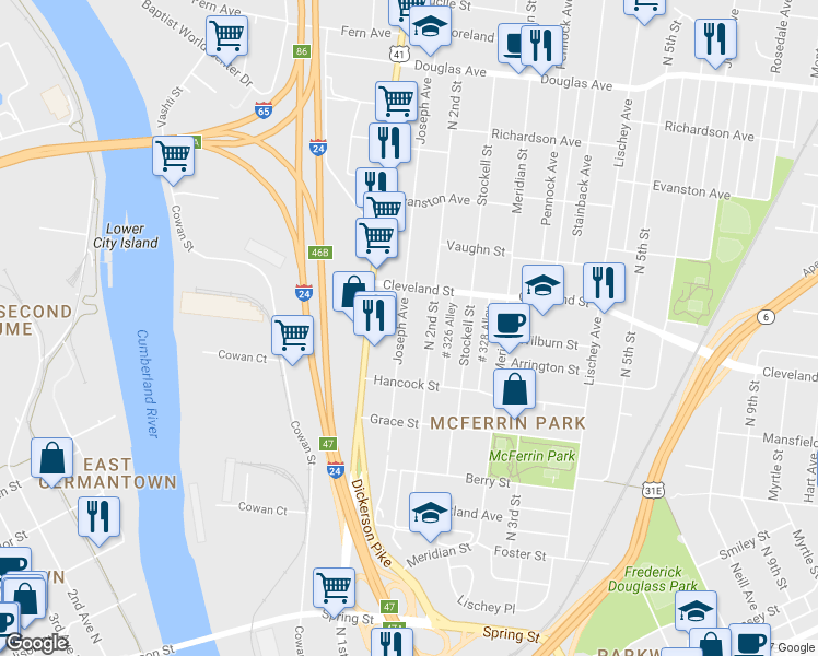 map of restaurants, bars, coffee shops, grocery stores, and more near 841 Joseph Avenue in Nashville