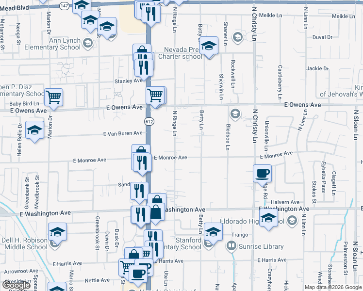 map of restaurants, bars, coffee shops, grocery stores, and more near 1450 North Ringe Lane in Las Vegas
