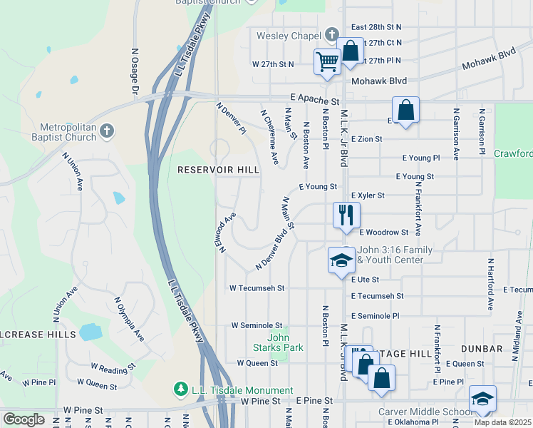 map of restaurants, bars, coffee shops, grocery stores, and more near 2221 North Denver Place in Tulsa