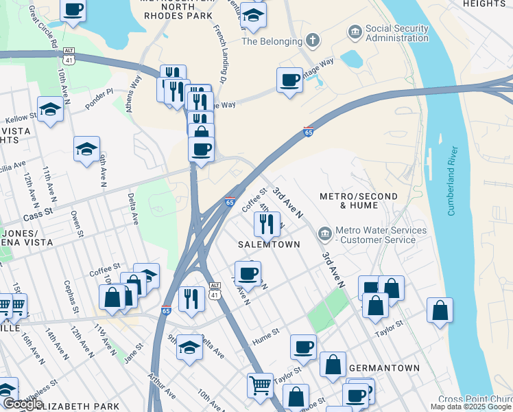 map of restaurants, bars, coffee shops, grocery stores, and more near 1831 4th Avenue North in Nashville