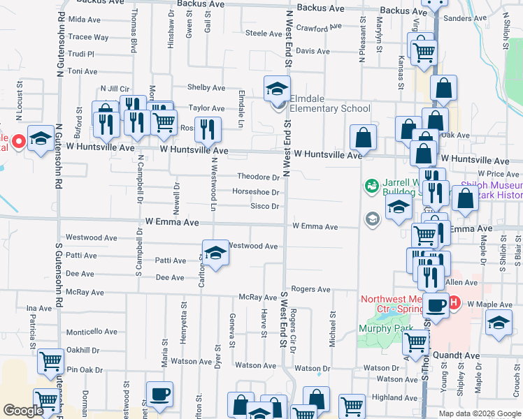 map of restaurants, bars, coffee shops, grocery stores, and more near 1621 Sisco Drive in Springdale