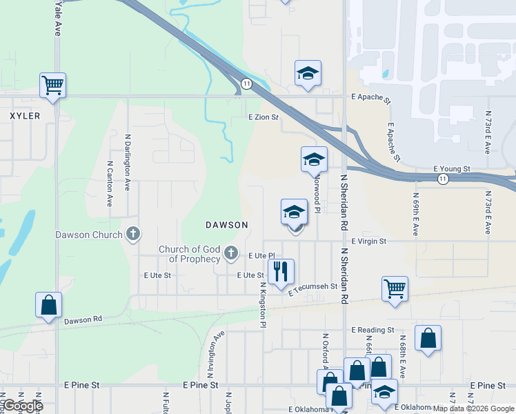 map of restaurants, bars, coffee shops, grocery stores, and more near 2148 North Kingston Place in Tulsa