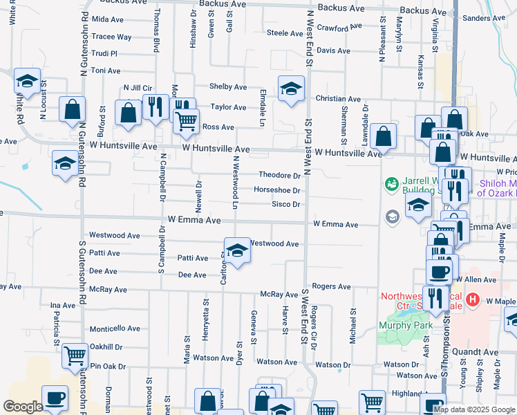 map of restaurants, bars, coffee shops, grocery stores, and more near 1705 Sisco Drive in Springdale