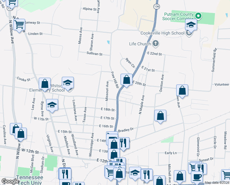 map of restaurants, bars, coffee shops, grocery stores, and more near 437 Grady Way in Cookeville