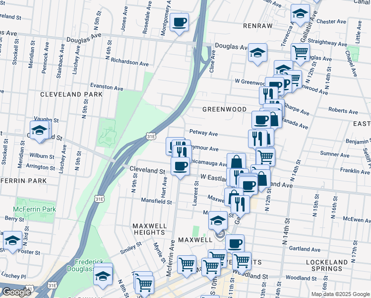 map of restaurants, bars, coffee shops, grocery stores, and more near 938 Seymour Avenue in Nashville