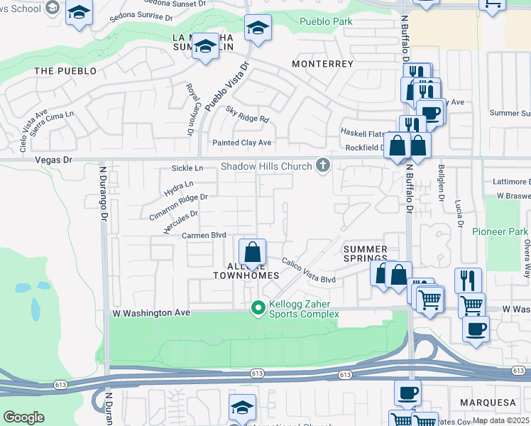 map of restaurants, bars, coffee shops, grocery stores, and more near 1321 Cinder Rock Drive in Las Vegas