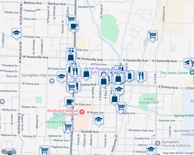 map of restaurants, bars, coffee shops, grocery stores, and more near 126 North Shiloh Street in Springdale