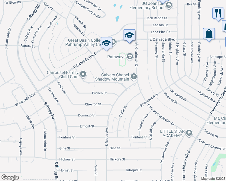 map of restaurants, bars, coffee shops, grocery stores, and more near 460 Bronco Street in Pahrump