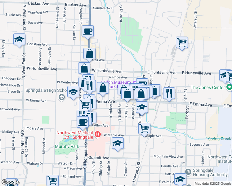 map of restaurants, bars, coffee shops, grocery stores, and more near 117 Pursell Street in Springdale