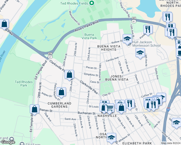 map of restaurants, bars, coffee shops, grocery stores, and more near 1718 Simpkins Street in Nashville