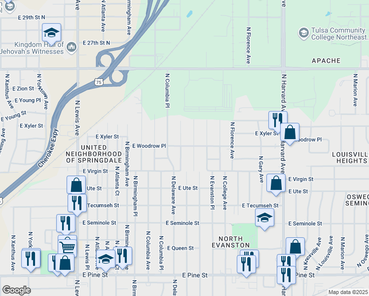 map of restaurants, bars, coffee shops, grocery stores, and more near 2149 North Delaware Avenue in Tulsa