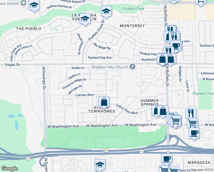 map of restaurants, bars, coffee shops, grocery stores, and more near 132 North Cimarron Road in Las Vegas