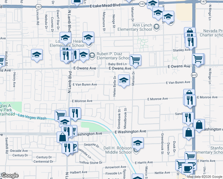 map of restaurants, bars, coffee shops, grocery stores, and more near 1432 Dresden Doll in Las Vegas