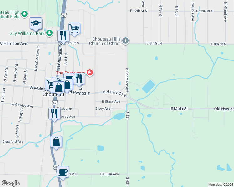 map of restaurants, bars, coffee shops, grocery stores, and more near 513 East Main Street in Chouteau