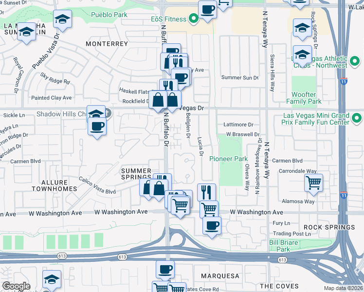 map of restaurants, bars, coffee shops, grocery stores, and more near 1412 Beaver Spring Street in Las Vegas