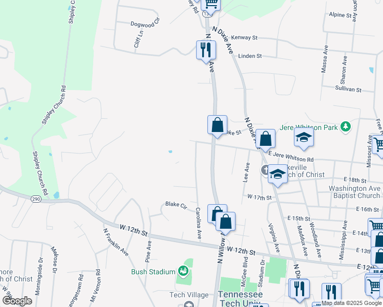 map of restaurants, bars, coffee shops, grocery stores, and more near 1370 Carolina Avenue in Cookeville