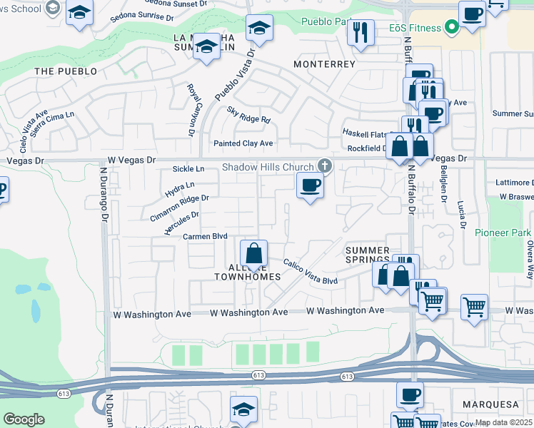 map of restaurants, bars, coffee shops, grocery stores, and more near 1321 Cinder Rock Drive in Las Vegas