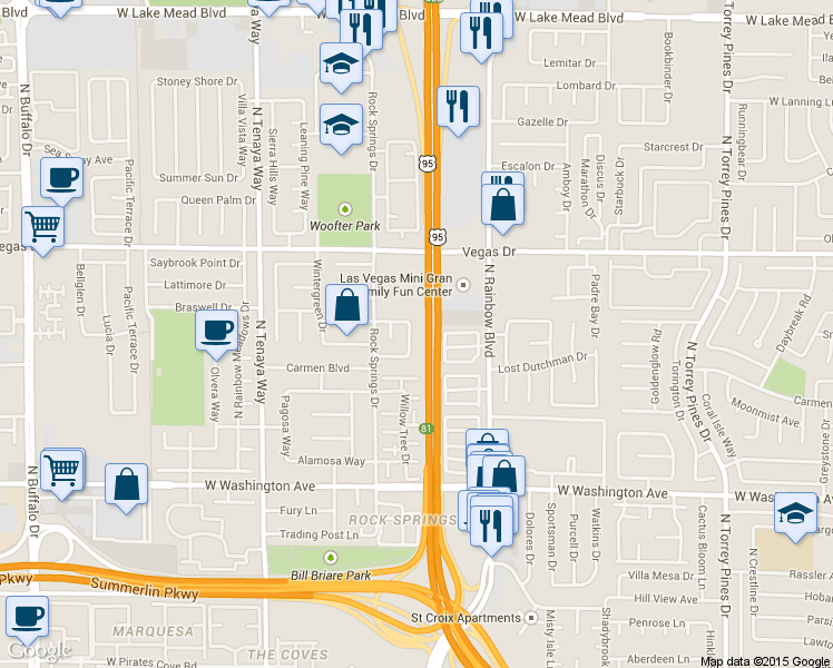map of restaurants, bars, coffee shops, grocery stores, and more near 1320 Sunblossom Street in Las Vegas