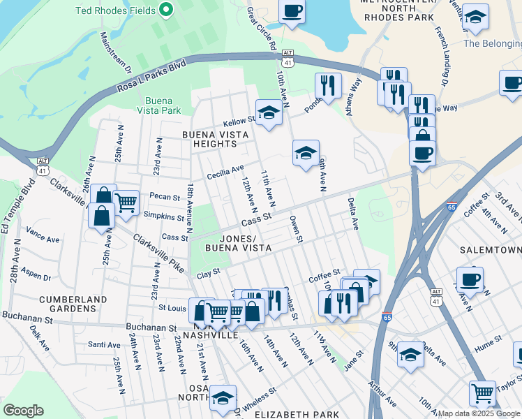 map of restaurants, bars, coffee shops, grocery stores, and more near 2104 12th Ave N in Nashville