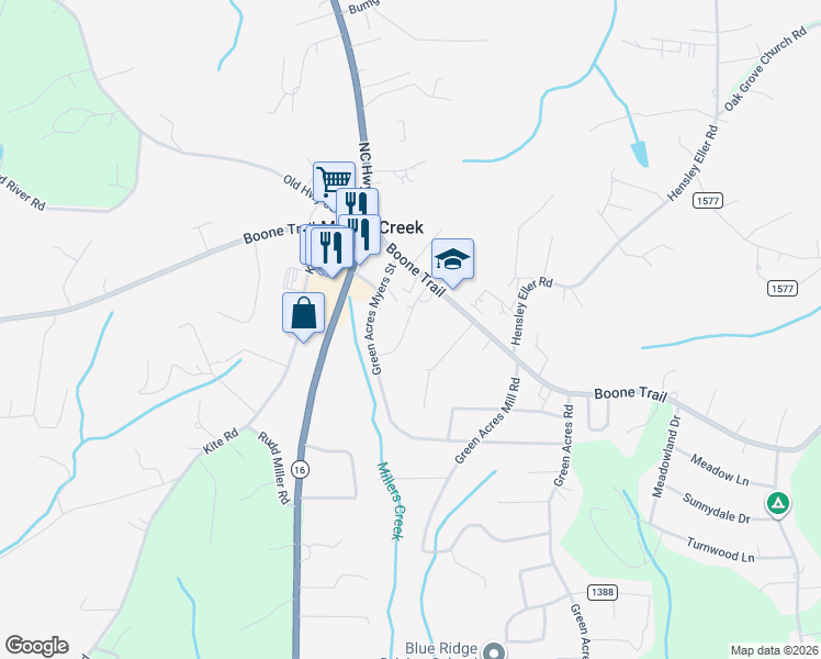 map of restaurants, bars, coffee shops, grocery stores, and more near 168 Bobwhite Road in Millers Creek