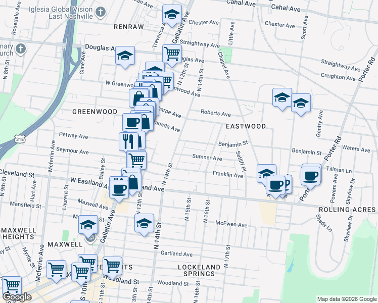 map of restaurants, bars, coffee shops, grocery stores, and more near 1425 Sumner Avenue in Nashville