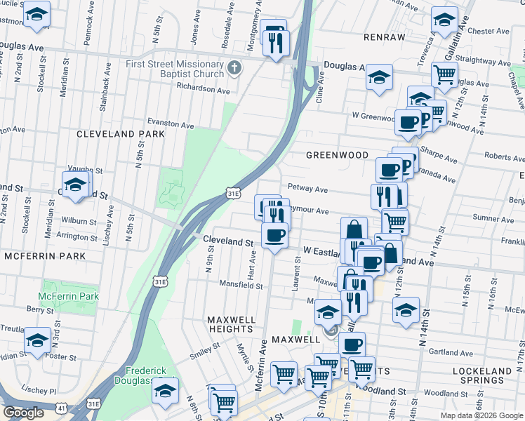 map of restaurants, bars, coffee shops, grocery stores, and more near 842 Seymour Avenue in Nashville