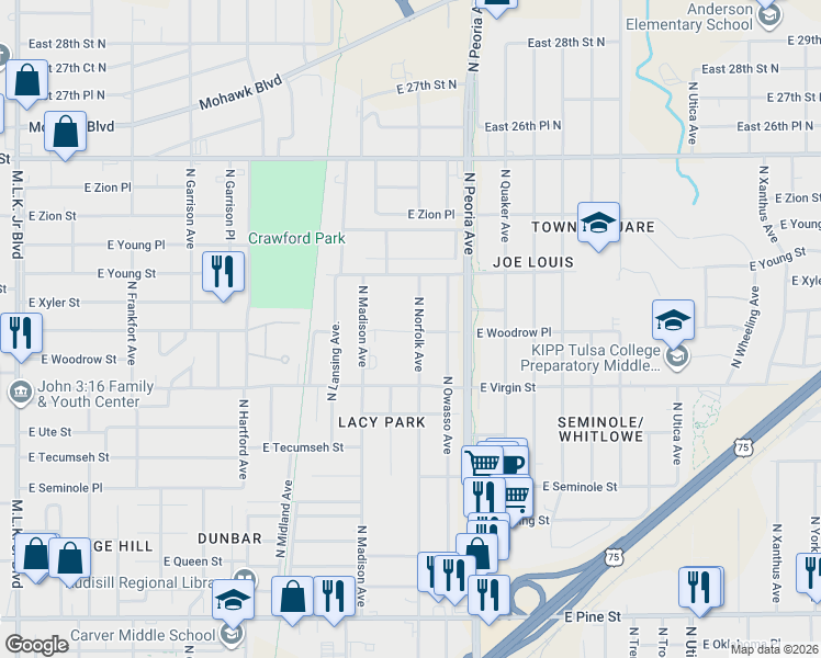 map of restaurants, bars, coffee shops, grocery stores, and more near 1107 East Woodrow Place in Tulsa