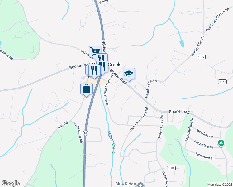 map of restaurants, bars, coffee shops, grocery stores, and more near 168 Bobwhite Road in Millers Creek