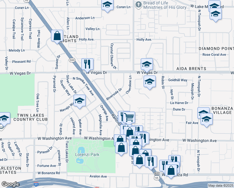 map of restaurants, bars, coffee shops, grocery stores, and more near 1131 Tamerack Avenue in Las Vegas