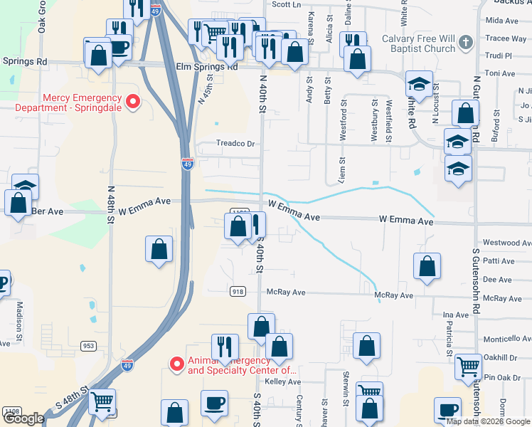 map of restaurants, bars, coffee shops, grocery stores, and more near 152 North 40th Street in Springdale