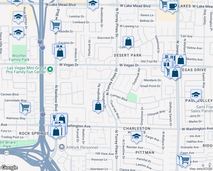 map of restaurants, bars, coffee shops, grocery stores, and more near 1373 Torington Drive in Las Vegas