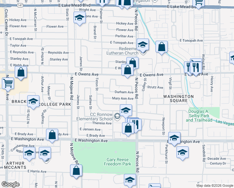map of restaurants, bars, coffee shops, grocery stores, and more near 3320 Durham Avenue in Las Vegas
