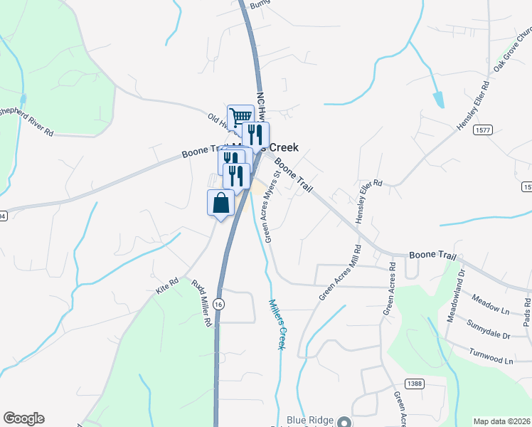 map of restaurants, bars, coffee shops, grocery stores, and more near 277 Green Acres Myers Street in Millers Creek