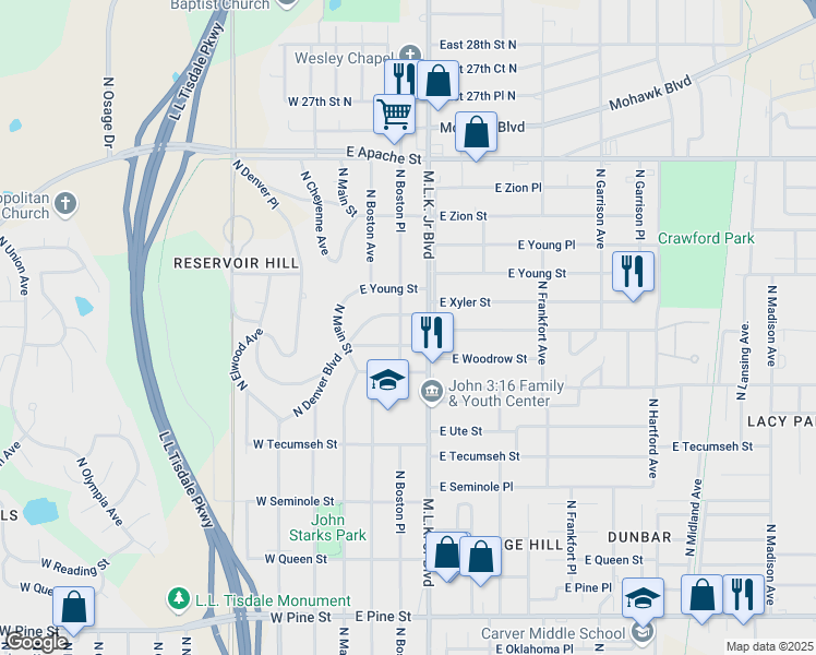 map of restaurants, bars, coffee shops, grocery stores, and more near 2212 North Cincinnati Avenue in Tulsa