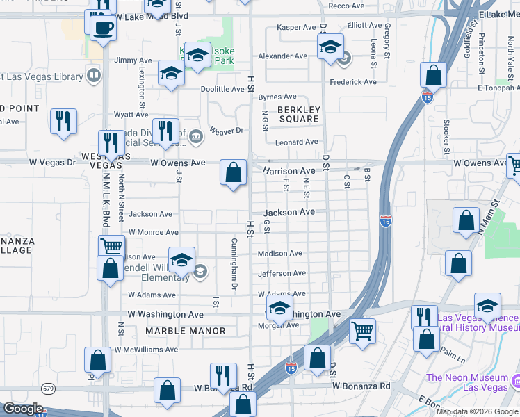 map of restaurants, bars, coffee shops, grocery stores, and more near 1401 H Street in Las Vegas
