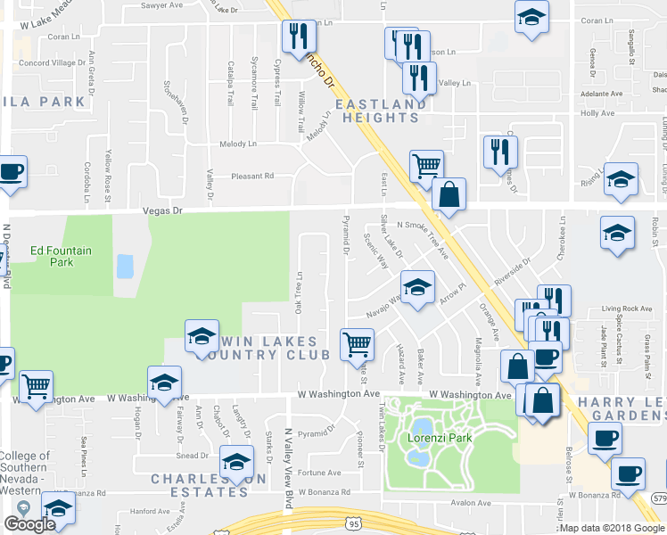 map of restaurants, bars, coffee shops, grocery stores, and more near 1224 Woodbridge Drive in Las Vegas