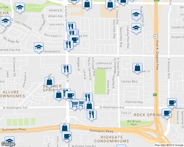 map of restaurants, bars, coffee shops, grocery stores, and more near 1340 Pacific Terrace Drive in Las Vegas