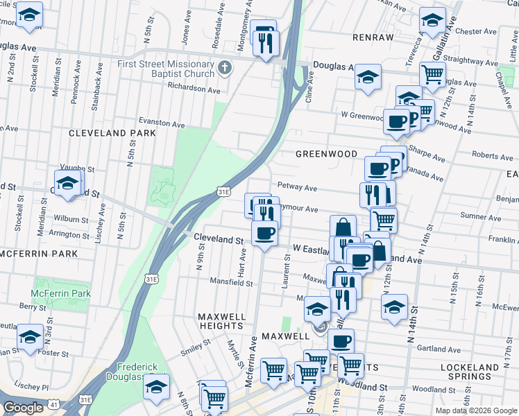 map of restaurants, bars, coffee shops, grocery stores, and more near 842 Seymour Avenue in Nashville